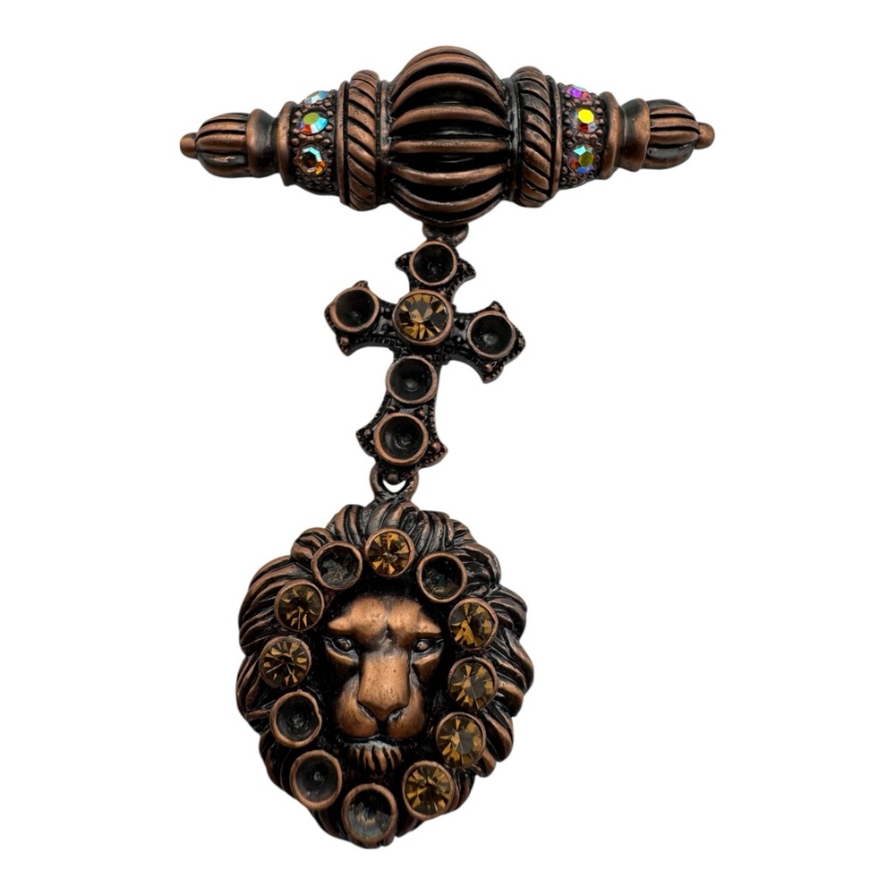 Vintage Bronze Lion Head Cross Brooch 2.5” Rhinestone Dangle Pin‎